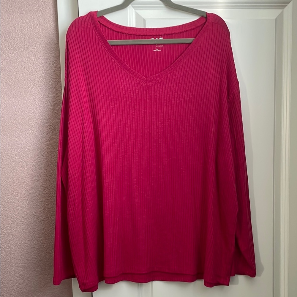 Pink Ribbed V-Neck Sweater